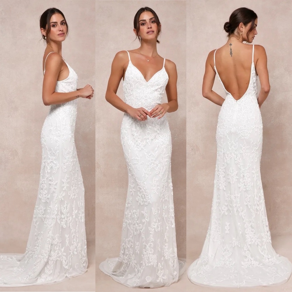 Everlasting Passion White Sequin Beaded Backless Maxi Wedding Dress by Lulus